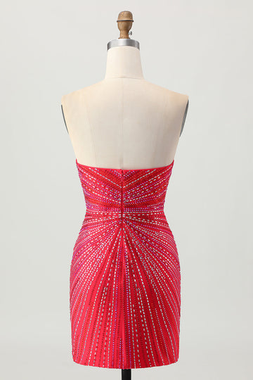 Sparkly Red Beaded Short Tight Cocktail Dress with Slit